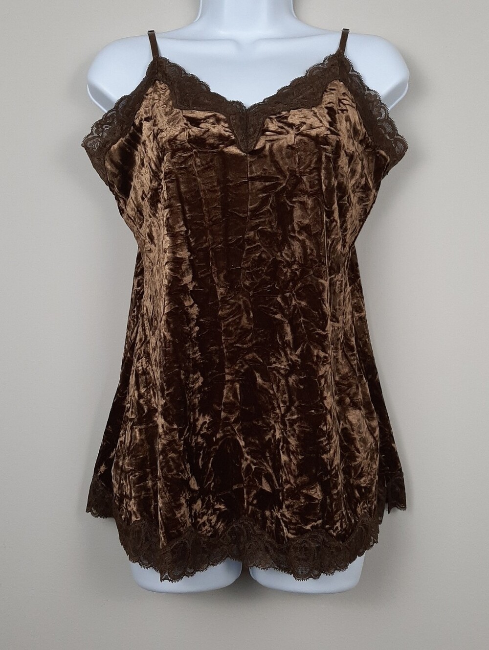 INC Brown Velvet Lace Trim Camisole Top Size Large
